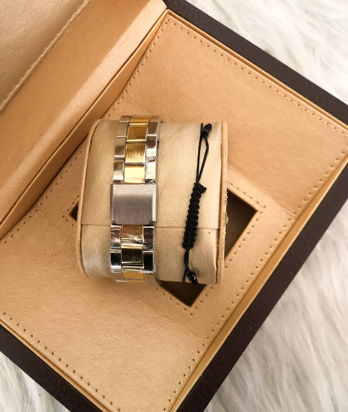 ساعت زنانه نگین دار بندفلزی دورنگ طلایی صفحه طلایی مارک ROLEX